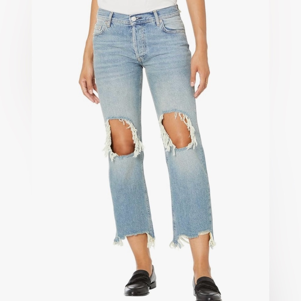 Free People Light Blue Straight Leg Distressed Jeans